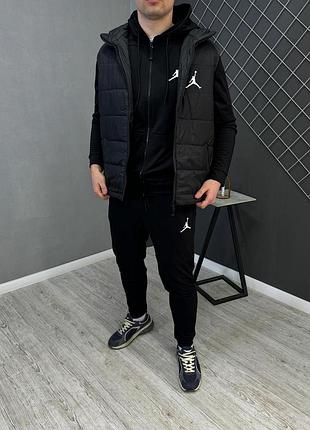 Чоловічий чорний спортивний костюм jordan 3в1 весна-осінь на змійці, чорний комплект31 жилетка + кофта + штани