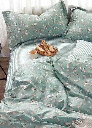 Комплект постельного белья ecotton полуторный 150х215 см цветочки светло зеленый