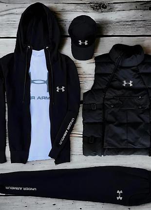 Мужской комплект 5в1 under armour r11 (худи на молнии + штаны + футболка + кепка + жилет) s