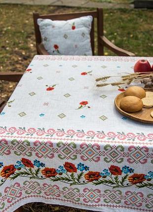Скатерть ecotton 150х200 см натуральная хлопковая маки украинский этно-стиль серый