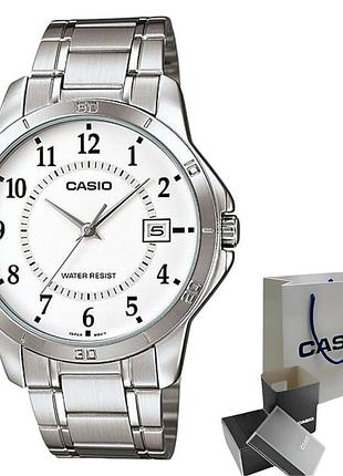 Casio mtp-v004d-7b — мужские кварцевые часы, сталь, белый циферблат, 30 wr
