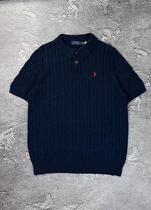 В'язане поло ralph lauren з преміальної бавовни чоловіча футболка в косичку поло ральф лаурен з коміром темно-синій, m