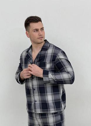 Піжама чоловіча з фланелі, штани і сорочка в клітинку темно синій/сірий