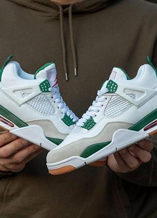 Женские кроссовки nike air jordan retro 4 white/grey/green, стильные кроссы с кожей и замшей 42