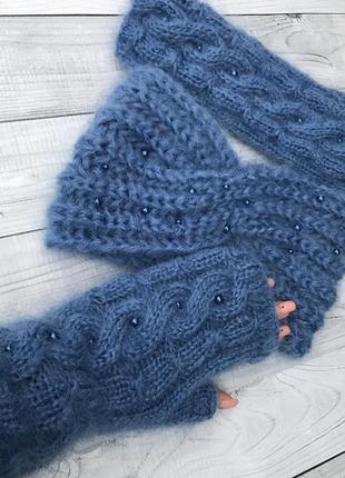 Мітенки сині блакитний мохер, вовна, ручна робота рукавиці пухнасті6 фото