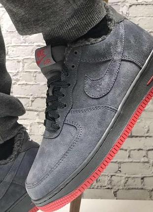 Зимние мужские кроссовки nike air force 1, серые замша, теплые на меху, найк аир форс 1 42