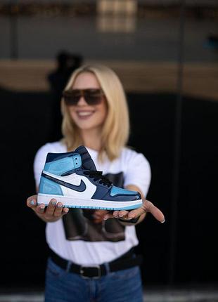 Женские кожаные кроссовки nike air jordan 1 high синие, стильные и универсальные кроссы найк
