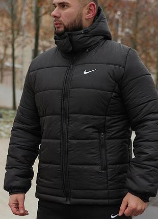 Мужская зимняя куртка nike (-20°c)/ черная курточка европейка на флисе/ черный пуховик с капюшоном на зиму l