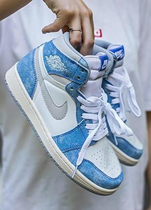 Модные кожаные кроссовки nike air jordan 1 high синие женские, стильные и легкие найк