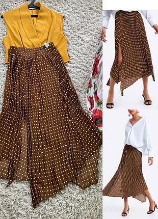 Шикарна шифонова коричнева спідниця пліссе в горох /з розрізом,zara,p.xs