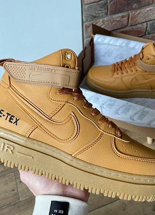 Мужские зимние высокие кроссовки nike air force 1 gore-tex, коричневые кожа теплые