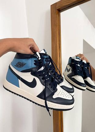Стильные женские кроссовки nike air jordan 1 high синие кожаные, качественные и модные найк 45