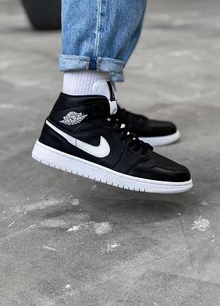 Кроси nike air jordan 1 high для чоловіків зручні чорні-білі шкіра найк повсякденні
