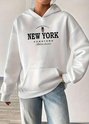 Женское худи new york теплое, толстовка, кофта на флисе оверсайз белый, 50