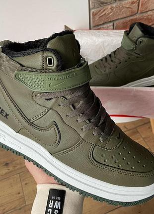 Мужские кроссовки nike air force gore-tex на меху зимние, найки мужские хаки кожа для зимы высокие теплые найк
