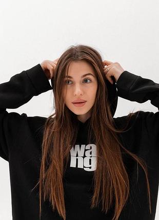 Женское худи теплое, толстовка, кофта на флисе оверсайз черный, 44
