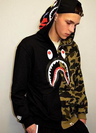 Худі bape shark full zip green/black толстовка бейп шарк фул зіп зелена/чорна
