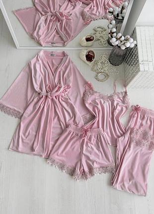 Комплект жіночий четвірка халат майка шорти штани amelia collection l рожевий