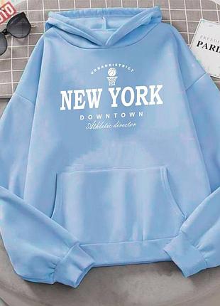 Женское худи new york теплое, толстовка, кофта на флисе оверсайз голубой, 42