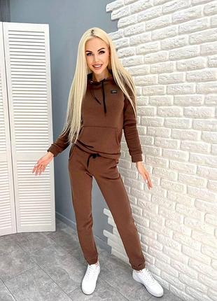 Утепленный женский спортивний костюм двойка на флисе 46/48, шоколадный