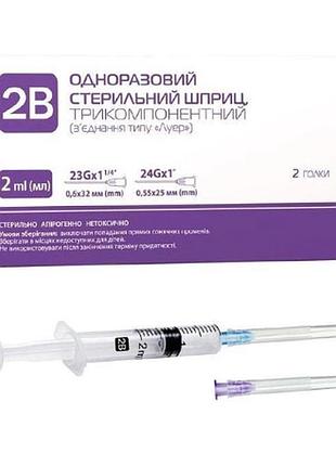 Шприц 2в 2 мл 3-х компонентний, с двумя иголками(0,6*32мм, 0.55х25мм)