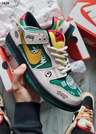 Кроссовки мужские зеленые с серым кожаные nike sb dunk low x stussy green gray размеры 41 44