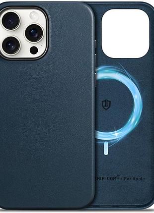 Чохол shieldon з натуральної шкіри для iphone 15 pro темно-синій уцінка