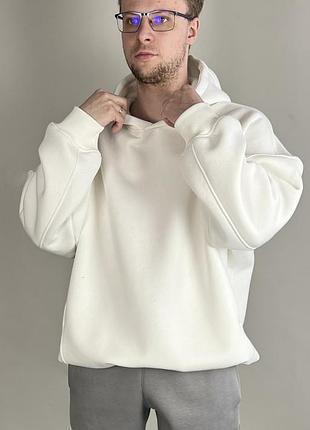 Мужская толстовка oversize с капюшоном из трехнитки на флисе молочная m/l