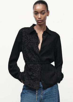 Zara размер s нарядная рубашка комбинированная с кружевом черная оригнал