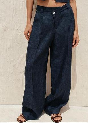 Льняные брюки zara размер s широкие прямые индиго перекрещенная талия
