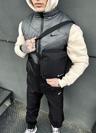 Жилетка чоловіча + штани + барсетка костюм осінній весняний 'clip' nike сіра-чорна безрукавка найк