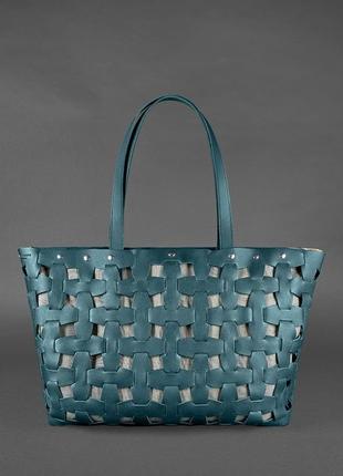 Кожаная плетеная женская сумка пазл xl зеленая krast3 фото