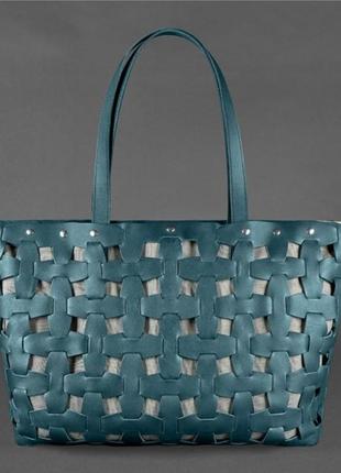 Кожаная плетеная женская сумка пазл xl зеленая krast7 фото