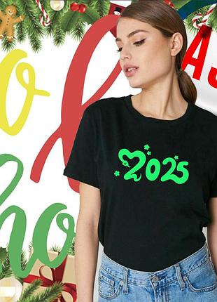 Новогодняя женская футболка год змеи, 2025, happy new year, футболки с новогодними принтами под заказ 1 день. xxl