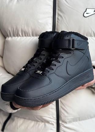 Кроссовки мужские nike air force зимние черные кожаные на меху высокие, кроссовки найк аир форс зима теплые качественные кожа