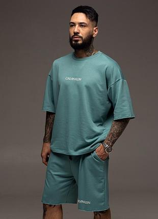 Мужской летний костюм шорты футболка бирюзовый calvin klein oversize брендовый комплект на лето клян оверсайз xl