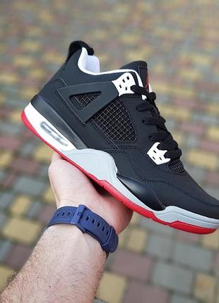 Чоловічі літні шкіряні кросівки nike air jordan 4 високі чорні з червоним найк аір джордан 4 чудової якості 42