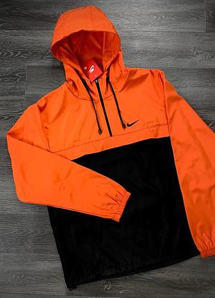 Анорак nike president оранжево-чёрный без принтов — осенне-весенняя мужская ветровка с капюшоном и карманами m