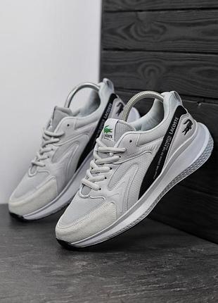 Мужские кроссовки лакоста серые сетка + кожа, кроссовки lacoste grey весенние осенние летние качественные 42