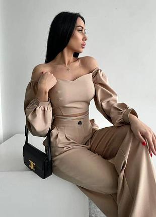 Стильный молодежный костюм-двойка, брюки с топом, бежевый s