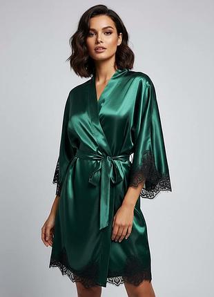 Халат атласный с черным кружевом oversize l