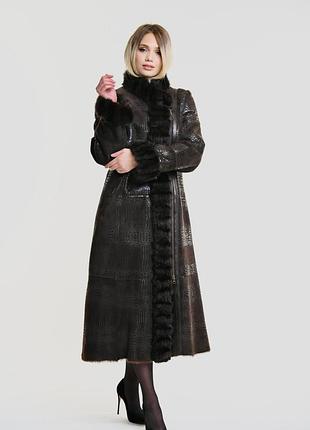 Дубленка натуральная женская длинная с мехом норки коричневая xl