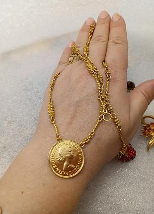 Цепь, подвеска кулон монета, винтаж, цепочка кольца все запаянные, тяжелый, позолота,