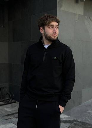 Мужской свитер lacoste на молнии 1/3 zip — черная кофта лакост l