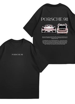 Чорна оверсайз футболка porsche 911 для поціновувачів культових автомобілів. лаконічний напис спереду та детальний принт із porsch графитовый, xl
