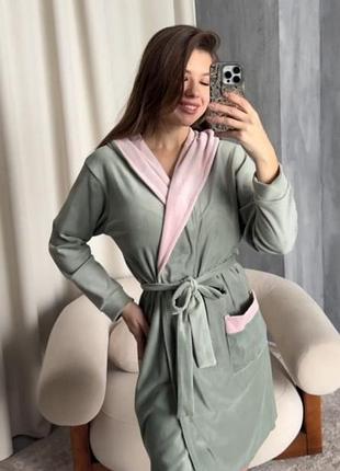 Жіночий комбінований халат фісташка середня довжина на запах плюшевий велюр з капюшоном поясом та кишенями
