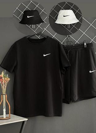 Шорты черные nike белый лого + футболка черная nike + панама nike (панама черная или белая)