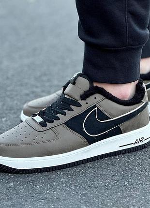 Зимние мужские кроссовки nike air force хаки кожаные с мехом, кроссовки найк аир форс зима утепленные стильные повседневные кожа