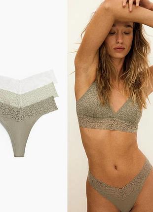 Женские трусики-стринги h&m, 3 штуки, размер xs, цвет хаки, оливковый, белый