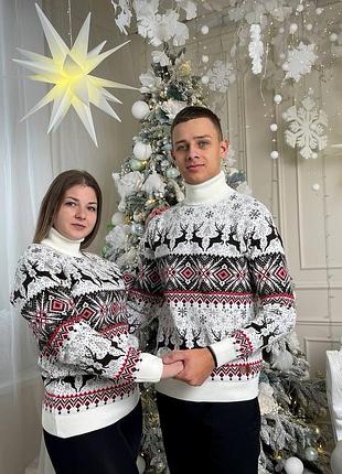 Новорічні парні светри з оленями новорічний стильний family look фемілі лук на новий рік теплий зимовий светр xl, білий